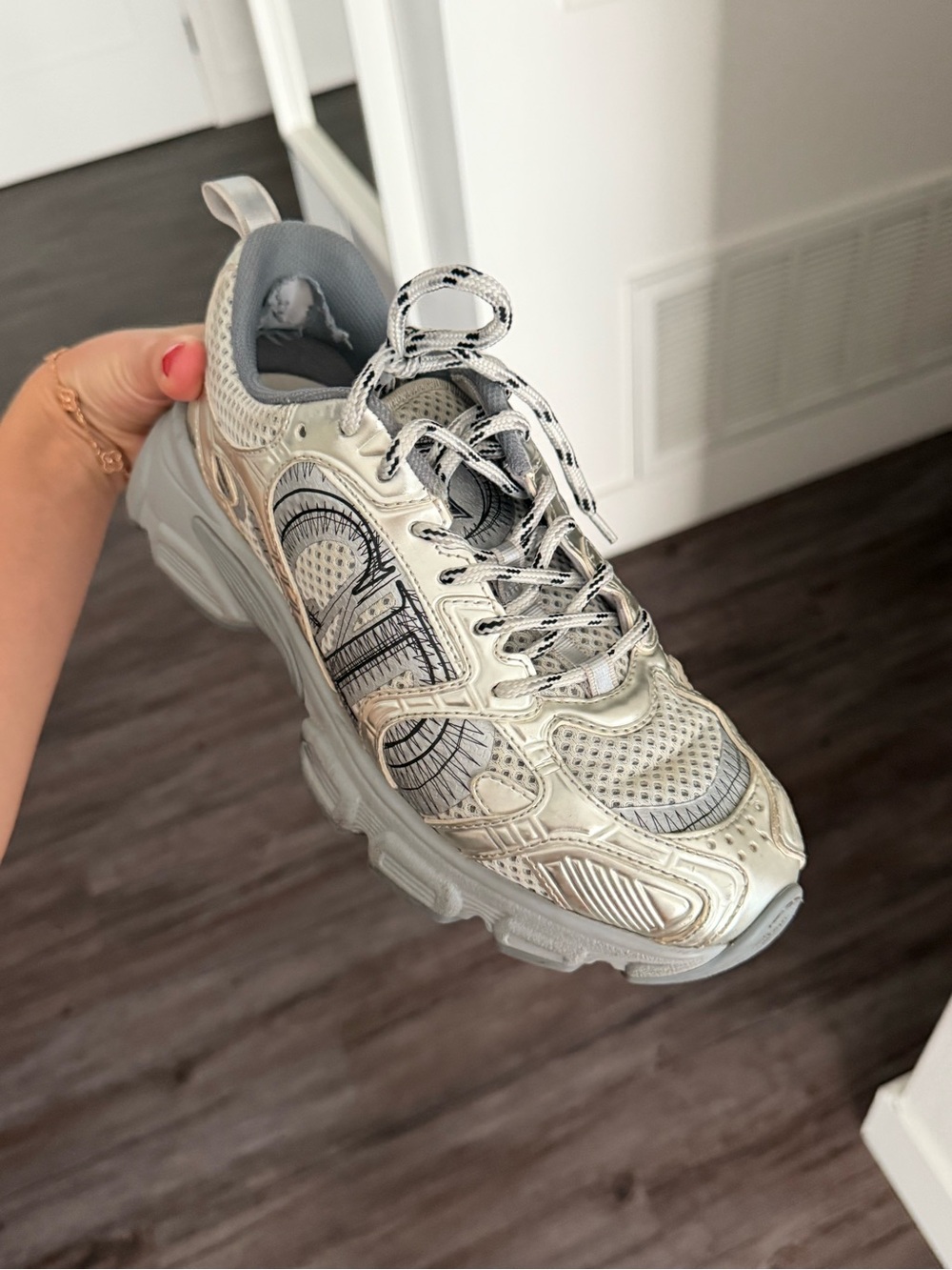 Dior Women's Silver and White Lace-Up Sneaker